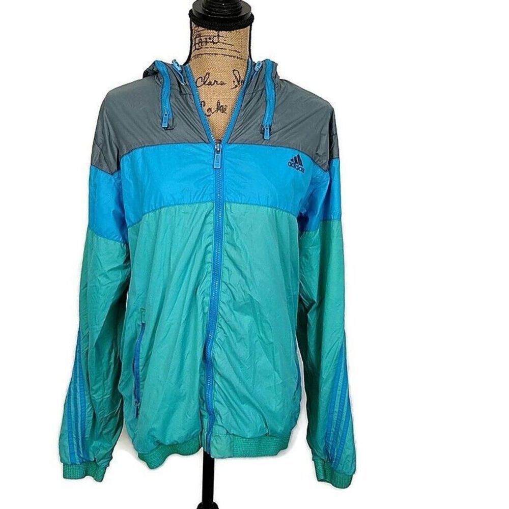 Adidas Womens sz L Jacket‎ Blue ColorBlock Long Sleeve Hooded Zip Up Windbreaker